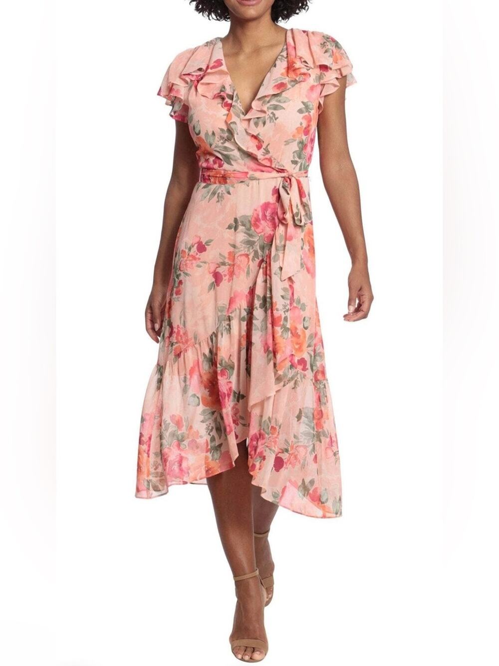 NWT Nordstrom London Times Faux Wrap Dress Pink Peach Floral Ruffle Midi Size 8